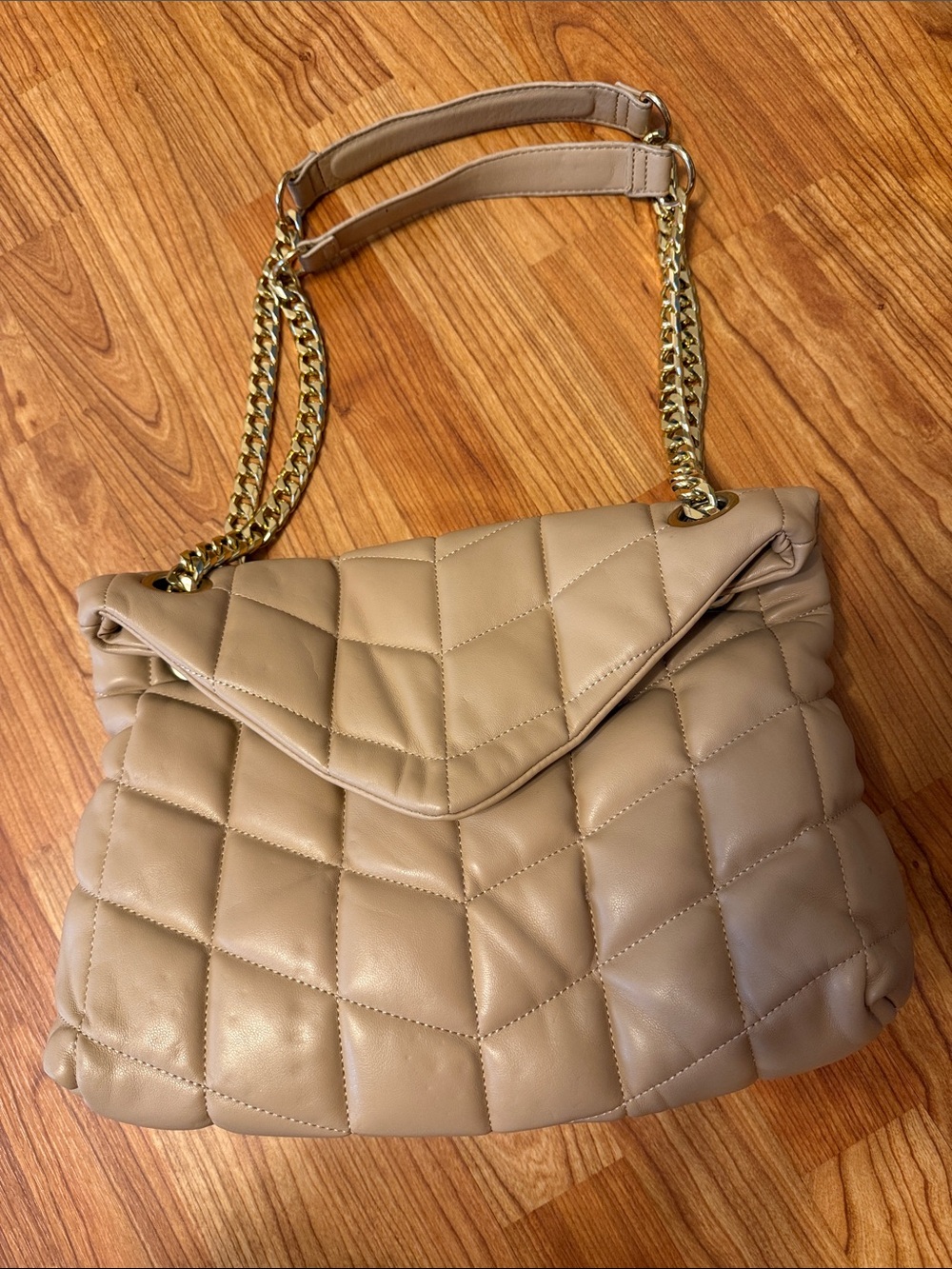 Sondra Roberts Quilted Shoulder Bag in Taupe with Gold Chain Strap